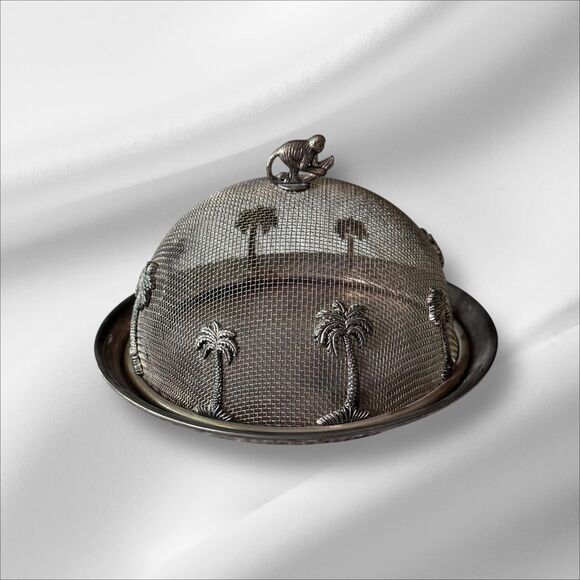 Vintage Silver Plated Mesh Food Dome & Tray | Monkey Palm Tree Cloche Godinger - Picture 5 of 6